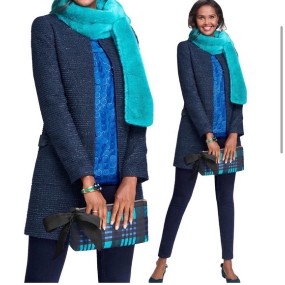 NWT RSVP by‎ Talbots Lurex Metallic Blue Tweed Jacket Bow Size 6 - Picture 2 of 8